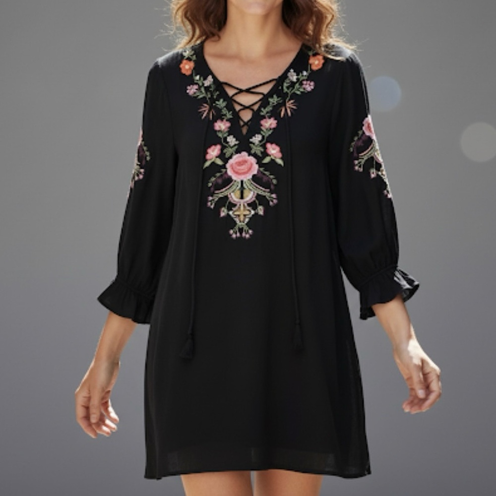 Umgee Shift Dress Black With Multi-Colored Embroidered Floral Motif Boho Size S